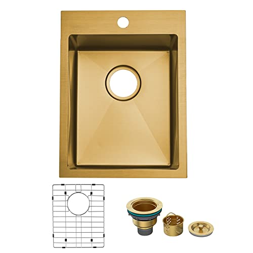 Image of Gold 15 x 20 Inch Drop In Bar Sink, 16 Gauge Stainless Steel Topmount Small Kitchen Single Basin Sink for Wet Prep RV Laundry with Dish Grid & Drain, 15x20 Top Mount