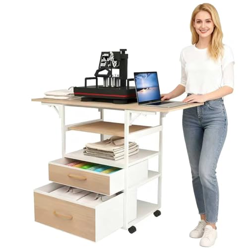 RJOKMT Movable Heat Press Table with Storage Drawers - Locking Wheels,...
