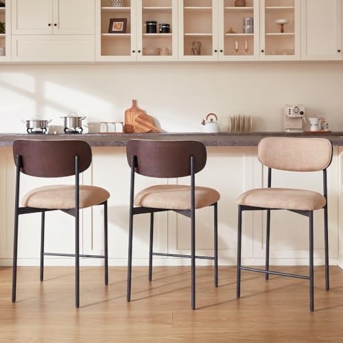 Image of GrandNoor Modern Bar Stools Set of 3, 24 Inch Upholstered Fabric Counter Height Stools with Curved Backrest & Metal Legs, Wood Grain Back Bar Chairs for Kitchen Island