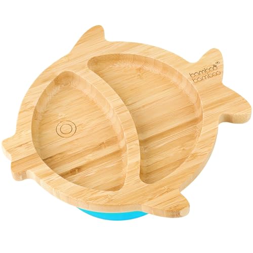 Bamboo Baby Plate with Suction - Kids and Toddler Suction Cup Plate for Babies, Non-toxic All-Natural Bamboo Baby Food Plate Stays Cool to the Touch for Baby-Led Weaning (Fish-Blue)