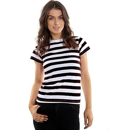 GW CLASSY OUTFIT Ladies Womens Striped T Shirts T Shirt Tops Vest Cotton Blend Fancy Dress S-XL (Black & White Stripe, M-L 12-14)