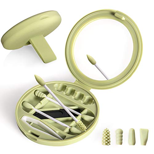 Inmorven Reusable Cotton Swabs with Mirror, Washable Silicone Swabs for Ear Cleaning, Beauty, Makeup with Dust-proof Case(Green)
