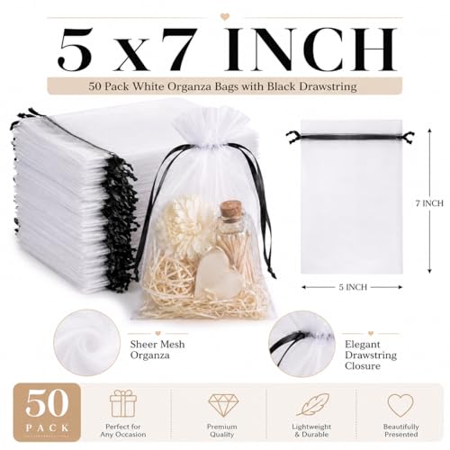 Image of Hopttreely White Organza Bags with Black Drawstring, 5x7 Inch 50 Pack Sheer Mesh Gift & Favor Bags for Party Wedding, Christmas, Sachet, Small Business, Fruit Protection Netting