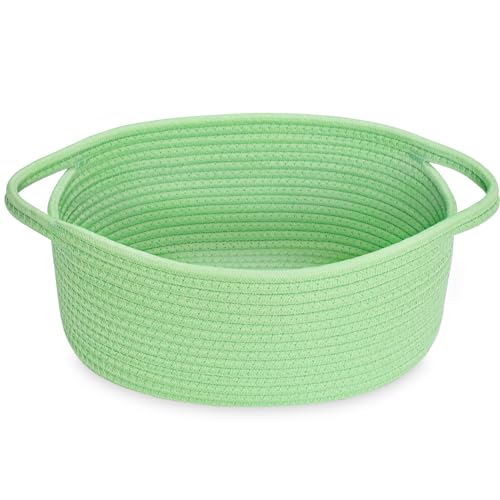 Image of ABenkle Small Basket with Handles, Boho Decorative Rope Woven Dog Cat Toy Storage Bin Shelf Storage Organizer, Easter Christmas Gift Basket, 12 inchx8 inchx5 inch