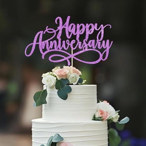 Dxsdgetue Purple Glitter Happy Anniversary Cake Toppers