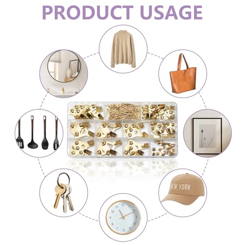 Image of 120Pcs Picture Hook Set in 6 Sizes (10LB /20LB /30LB /50LB /75LB /100LB) and 71pcs Nails, Wall Mounting Various Decorative Items, Frames, Photos, Mirrors, Picture Hooks, Clocks and Clothing Holders (Gold)