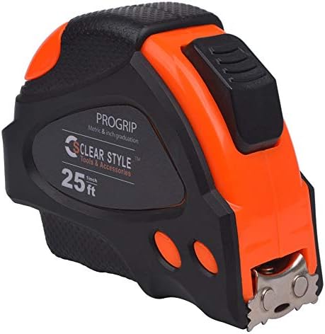 Tape Measure by Clear Style, 25 Foot Auto-Lock, Inch and Metric Graduation Fractions Marked Measuring Tape with Wrist Strap for Construction, DIY Rubber Protective Case