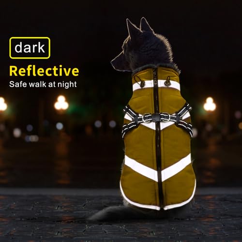 Oslueidy wasserdichte Hundemäntel, Winter Warme Hunde Jacken Reflektierende Haustier Kleidung Hund Kalte Wetter Mäntel Gemütliche Schnee Anzug Jacke Weste für kleine mittlere große Hunde (Gelb, XL)