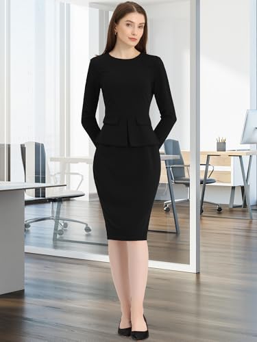 Image of Allegra K Women's Bodycon Dresses Round Neck Long Sleeve Casual Work Outfits Peplum Sheath Dress
