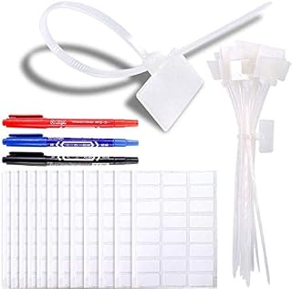 200-Pieces 6 Inch Nylon Cable Marker Ties Self-Locking Cord Tags Write on Ethernet Label Wire Straps with 3 Marker Pens and 288Pcs White Self-Adhesive Cable Labels for Home and Office Use