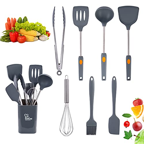 Foto von EooCoo Silikon Küchenhelfer Set, 8 Stück 428°F Hitzebeständiger Kochgeschirr - Pfannenwender Set, Suppenkelle, Schneebesen, Spatel, Backpinsel, Grillzange, Utensilienhalter - Grau