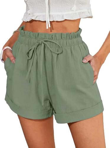 Heyakso Womens Lightweight Shorts Linen Drawstring Comfy Elastic High Waist Casual Shorts with Pockets Green