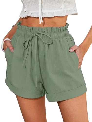 Heyakso Womens Lightweight Shorts Linen Drawstring Comfy Elastic High Waist Casual Shorts With Pockets Green #TOP29