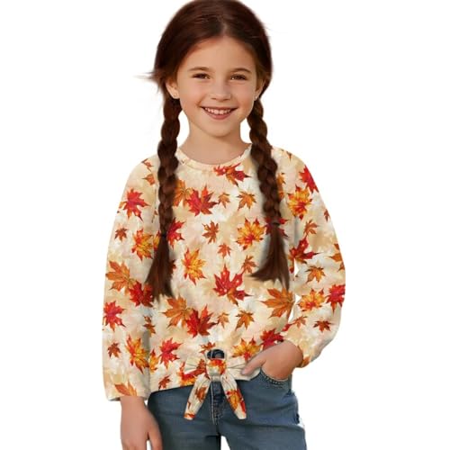 WELLFLYHOM Thanksgiving Tee Tops for 5-12T Girls Turkey Long Sleeve Shirt Fall Outfits Tie Knot Graphic Pullover T-shirt