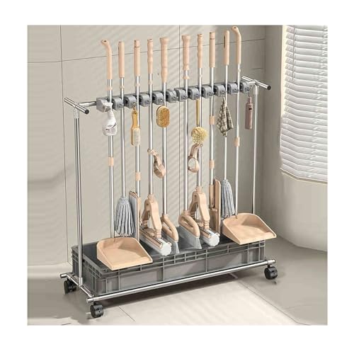 SnamicE Support à balais et serpillères, Organiseur de Produits de Nettoyage, Chariot de Nettoyage, Support à roulettes en Acier Inoxydable pour Jardin, Garage, école, 100 x 10,100x100x40cm