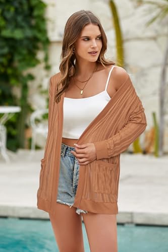 Image of STYLEWORD Women's 2026 Summer Fashion Cardigan Lightweight Boho Knit Hollow Beach Cover Up Kimonos Open Front with Pockets