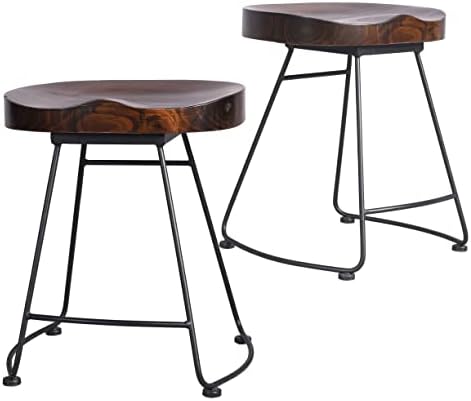 GWAREZ Set of 2 Rustic Saddle Seat Barstools with Tubular Metal Base,Retro Country Style Bar Chair,Kitchen Island Stool,Easy Assembly I Backless,with Footrest,18.5Inch