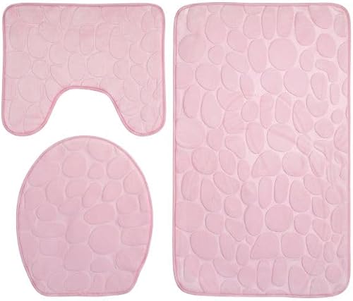 SMTE 3-Piece Bathroom Mat Set with Non-Slip Backing, Soft Absorbent Bath Rugs for Bathroom Floor, Pink
