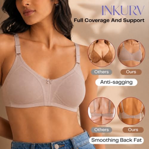 Image of INKURV Seamless Bra for Women Full Coverage | Cotton Hosiery T-Shirt Brassiere - Non Padded Wireless Lift for Everyday Wear| Moulded Cups for Chest Lifting- SAGE