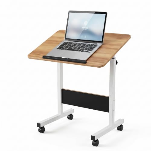 Image of Bonkaso Adjustable Laptop Lap Desk for Bed & Sofa, Height Adjustable Study Table with Tilt Desktop, Wheels, Steel Frame & Spacious Wooden Top for Work from Home, Reading & Office - Brown /White