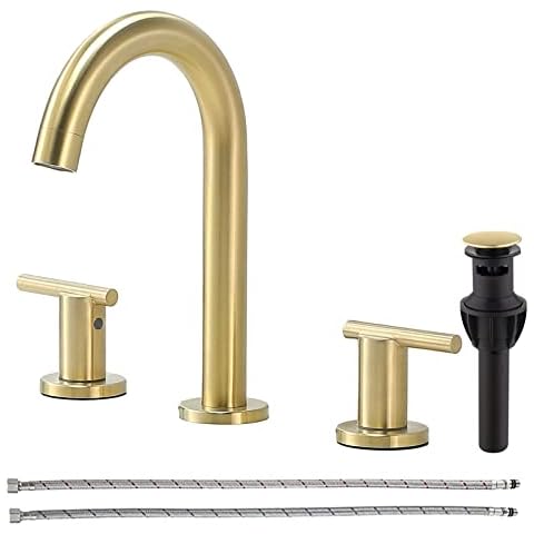 VAPSINT Brushed Gold 2 Handle 3 Hole Widespread Bathroom Faucet,Modern 8 inch Brass Bathroom Sink Faucet,360 Swivel High Arc Vanity Faucet with Overflow Pop Up Drain Cover