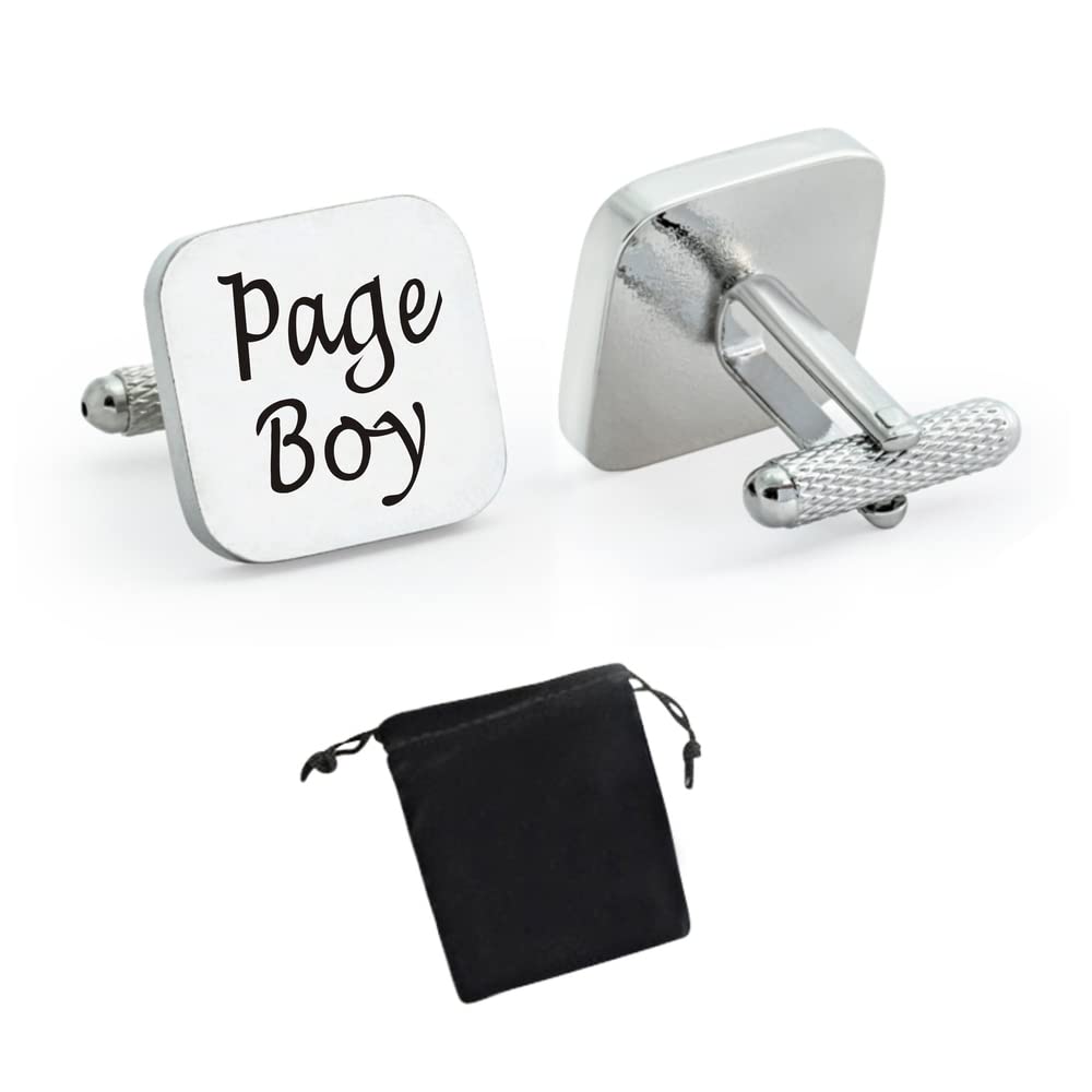 Virens Empourium Men's Silver + Black Printing Title - Cufflinks, Square Silver Wedding Cuff Links, Smart And Elegant Look, Best Man, Groom, Usher, Page Boy, Dad, Brother, And More Cufflink Titles (Page Boy)