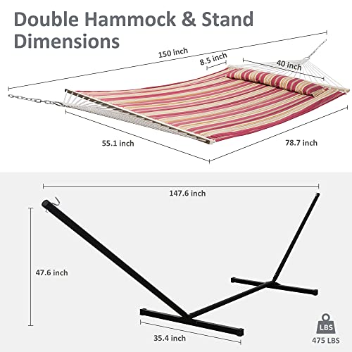 Suncreat Outdoor Hammock With Stand, Two Person Quilted Fabric Hammock Swing With 12Ft Steel Stand, Red Stripes #TOP2