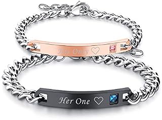 Cupimatch 2pcs CZ His and Hers Couple Bracelets Set, Adjustable Titanium Stainless Steel His Only Her One Love Heart Matching Bracelet Link Jewelry Set,Black