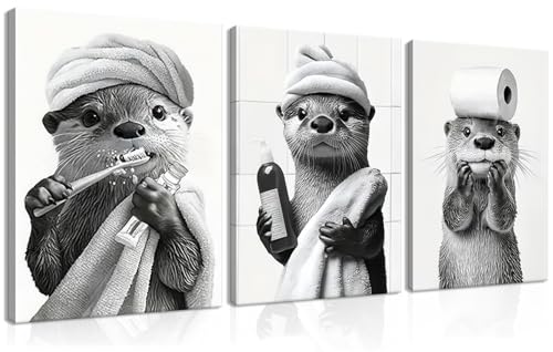 Cute Bathroom Otter Canvas Wall Art Set of 3, Black and White Otter Picture Wall Decor, Funny Painting Print, Farmhouse Humor Animal Art for Bathroom Restroom Decoration Ready to Hang 12x16 inch