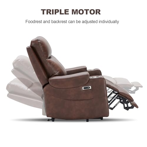 Eiayeebil Triple Motor Power Lift Recliner Chair with Adjustable Lumbar Support, Lay Flat Recliner for Elderly, Breathable Brown Leather Recliner, Lift Chair Massage & Heating, USB Ports, Cup Holders