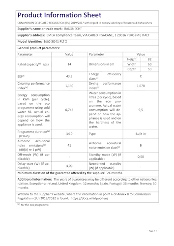Bauknecht BUO 3O41 PLT X Unterbau-Geschirrspüler 60 cm /14 Maßgedecke /10 Standardprogramme und 1 Sensorprogramm/PowerClean/ActiveDry/Besteckschublade/Vollwasserschutz