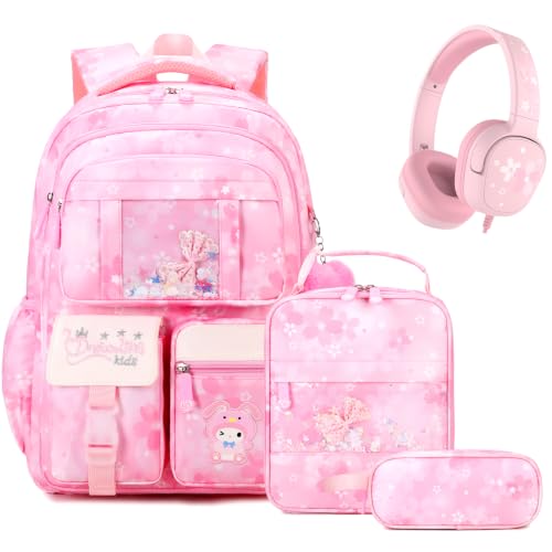 Jafeton Mochilas para meninas, mochila para meninas com lancheira isolada e estojo de lápis, 4 peças rosa, Medium, Conjunto de 4 mochilas com fones de ouvido