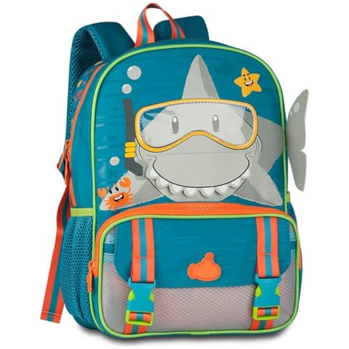 Mochila de Costas Escolar Infantil Tubarão 3D, Alças Acolchoadas e Reforçadas, Estampa Divertida, Criança, Menino (Mochila de Costas Tubaro TB25052D)