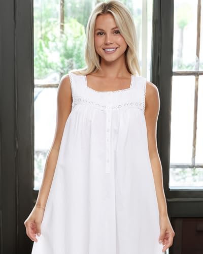 Image of Alexander Del Rossa Cotton Nightgowns for Women, Victorian Nightgown, Ladies Vintage Cotton Sleeveless