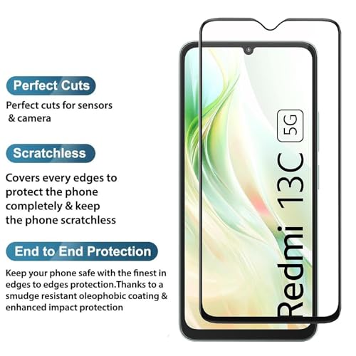 Image of Tempered Glass Screen Protector Compatible for Redmi 13C 4G, 13C 5G, Poco M6 5G with Edge to Edge Coverage and Easy Installation Kit, Pack of 1, Black