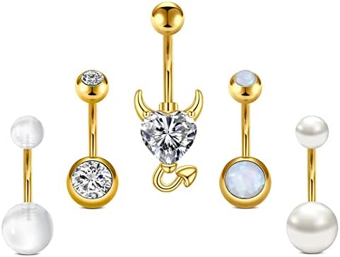 Crdifu 2pcs Silver Belly Bars 10mm Surgical Steel 14G Heart Belly Button Rings Piercing Jewellery with CZ
