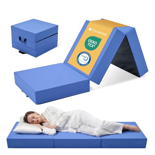 EGOHOME Klappmatratze 195x75x15 cm, 3-teilige Gästematratze mit Bambus-Memory-Schaum & Härtegrad H3, vielseitige Campingmatratze & Bodenmatte, Reisematratze, Blauer Bezug
