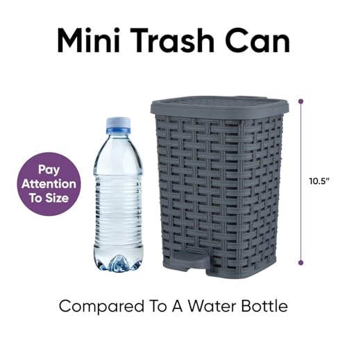 Image of Superio Mini Trash Can with Foot Pedal Small Outdoor Garbage Can with Lid, 1.5 Gallon Plastic Waste Basket for Bathroom, Bedroom, Kitchen, Office, Patio (Wicker Grey 6 QT.)