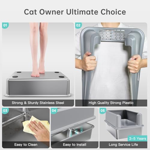 Image of WoofiGo Enclosed Stainless Steel Cat Litter Box with Lid, XL Extra Large Litter Box for Big Cats, Metal Litter Pan High Sided, Never Absorbs Odors, Anti-Urine Leakage, Include Scoop (SH-Light Gray)