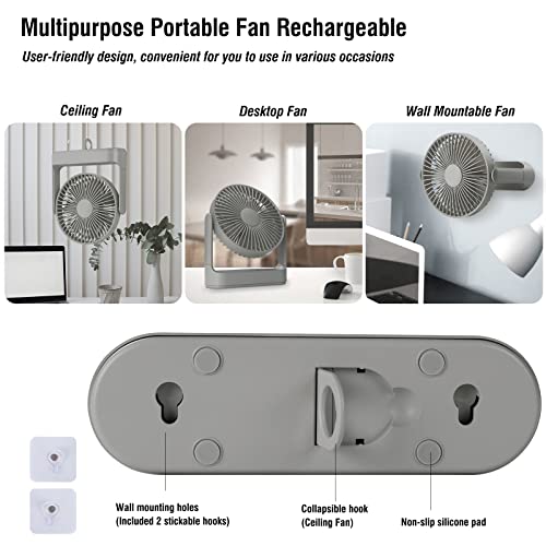 Camping Fan Rechargeable 4 Speeds, Quiet Wall Mountable Cordless Fans 270° Head Rotation, Battery Operated Portable Usb Desk Cooling Fan For Office Car Outdoor Picnic Barbecue Fishing Travel (Grey) #TOP5