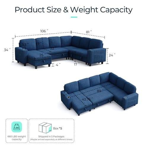 Image of LINSY HOME Sectional Sofa with Pull Out Bed, 6 Seats Corduroy Reversible Sleeper Sofa with Storage Seats & Chaises, USB Ports, Cup Holders, Side Pocket, Sectional Couches for Living Room, Blue