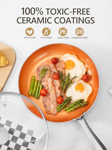 Image of Michelangelo 10 Inch Copper Nonstick Frying Pan with Lid, Ultra Nonstick Ceramic Interior, Induction Compatible, 2.75 Quarts