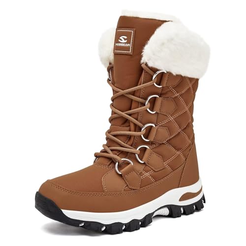 HOBIBEAR Schneestiefel für Frauen Wasserdichte Wanderstiefel für Damen Winterstiefel Warm(EU 38,Braun)