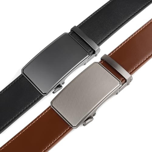 Image of 2 Pack Ratchet Belt 1 3 /8 inch, Mens leather Dress Belt in Gift Set Size 28 inch-62 inch Adjustable waist Trim to Fit