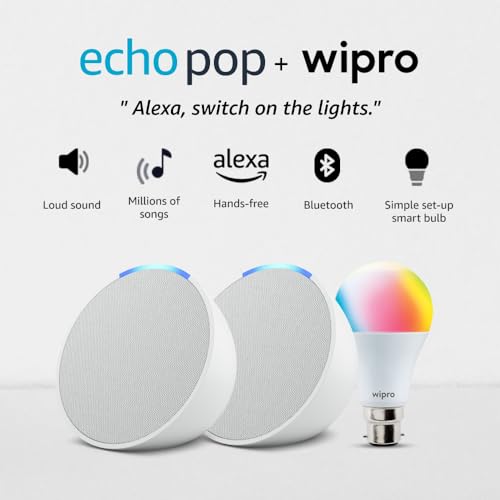 Image of Amazon Echo Pop (White) gift twin pack with Wipro 9W Simple Setup LED Smart Color Bulb and Alexa | with Smart Home controls