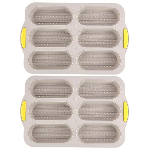 2 piezas Bun de perro hot dog Ban 6-cavidad Pan de pan de silicona antiadherente con agujeros transpirables Buns de perros calientes flexibles resistentes al calor Molde con mango para hornear
