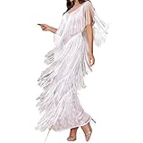 Vestido De Noche Blanco Sin Mangas con Flecos | Detalle De Flecos En Capas | Mezcla De Spandex Tallas Grandes (Blanco,M)