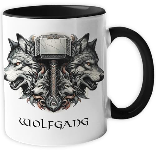 Personalisierte Wikinger Tasse | Motiv Thors Hammer und Wölfe | mit Namen personalisiert, Keramik Kaffeetasse Metbecher mit Wunschname 330 ml V3