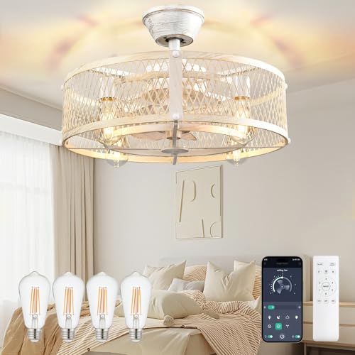Ventilador de techo con jaula y luz: Ventilador rústico de 20 pulgadas con luz y control mediante aplicación móvil - Motor DC silencioso de cemento blanco para dormitorio, cocina y salón