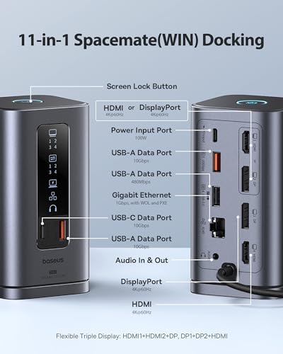 Baseus Spacemate Docking Station, 11-in-1 USB-C Dock for Windows Laptop, Triple Display with 4K HDMI & DP, 10Gbps USB-C & USB-A, Ethernet, Audio, 100W PD Charging for Dell HP Lenovo Acer and More - 1
